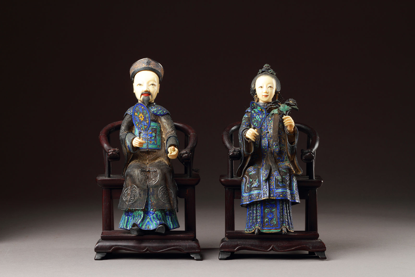 Rare and Superb Pair of Chinese Canton Silver Enamel and Ivory Portrait Figures